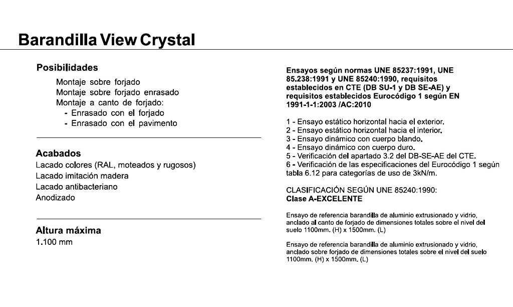 Características de sistema de barandilla View Crystal