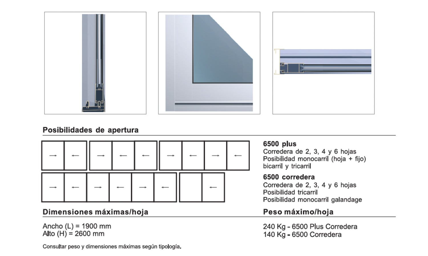 Dimensiones y peso de sistema de ventanas correderas 6500 plus