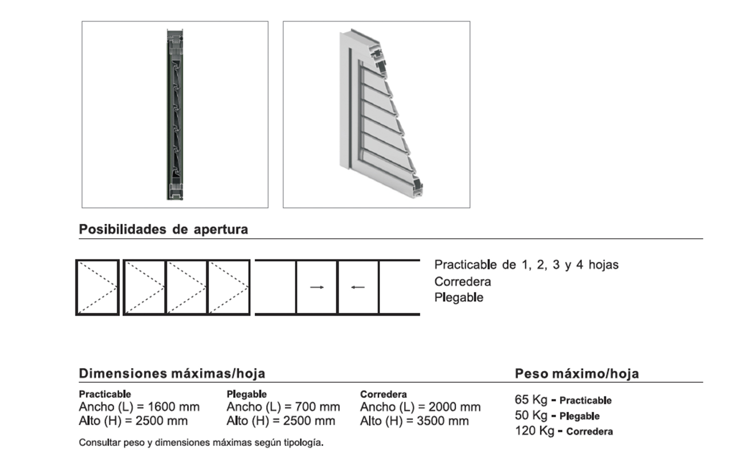 Dimensiones y peso de ventana con sistema tamiz